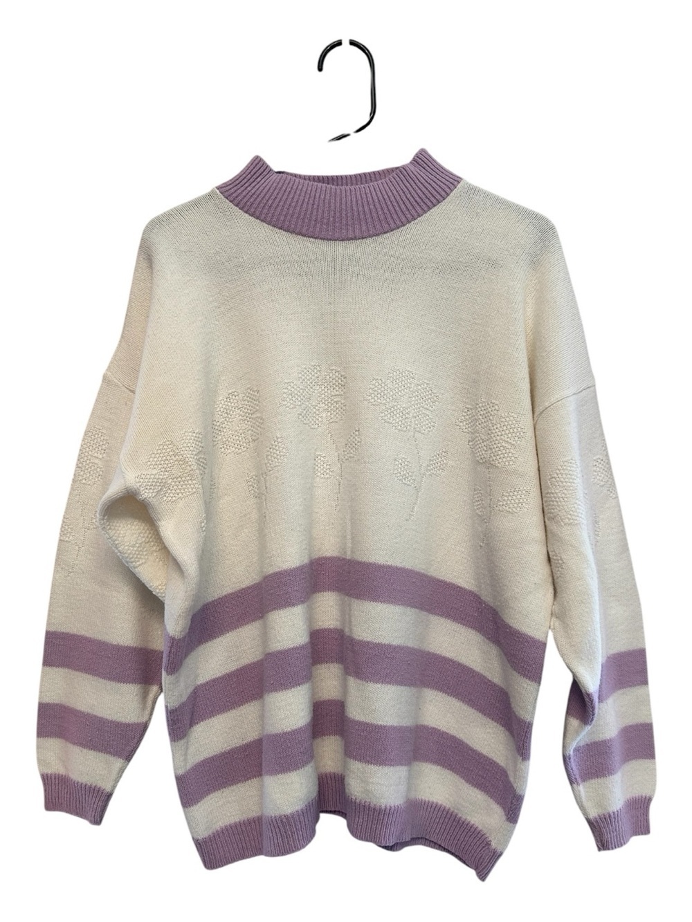 Vintage 80s/90s Subtle Flower Print Cream & Lavender Turtleneck Sweater M/L